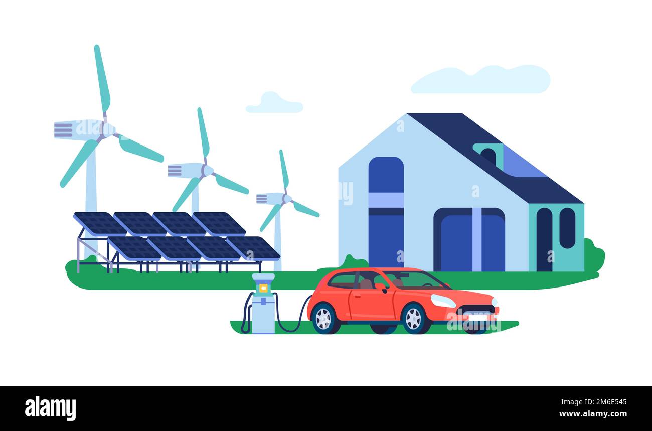 Casa moderna con pannelli solari e turbine eoliche. Auto elettrica caricata con energia dalla stazione di ricarica. Generatore di elettricità alternativo Illustrazione Vettoriale
