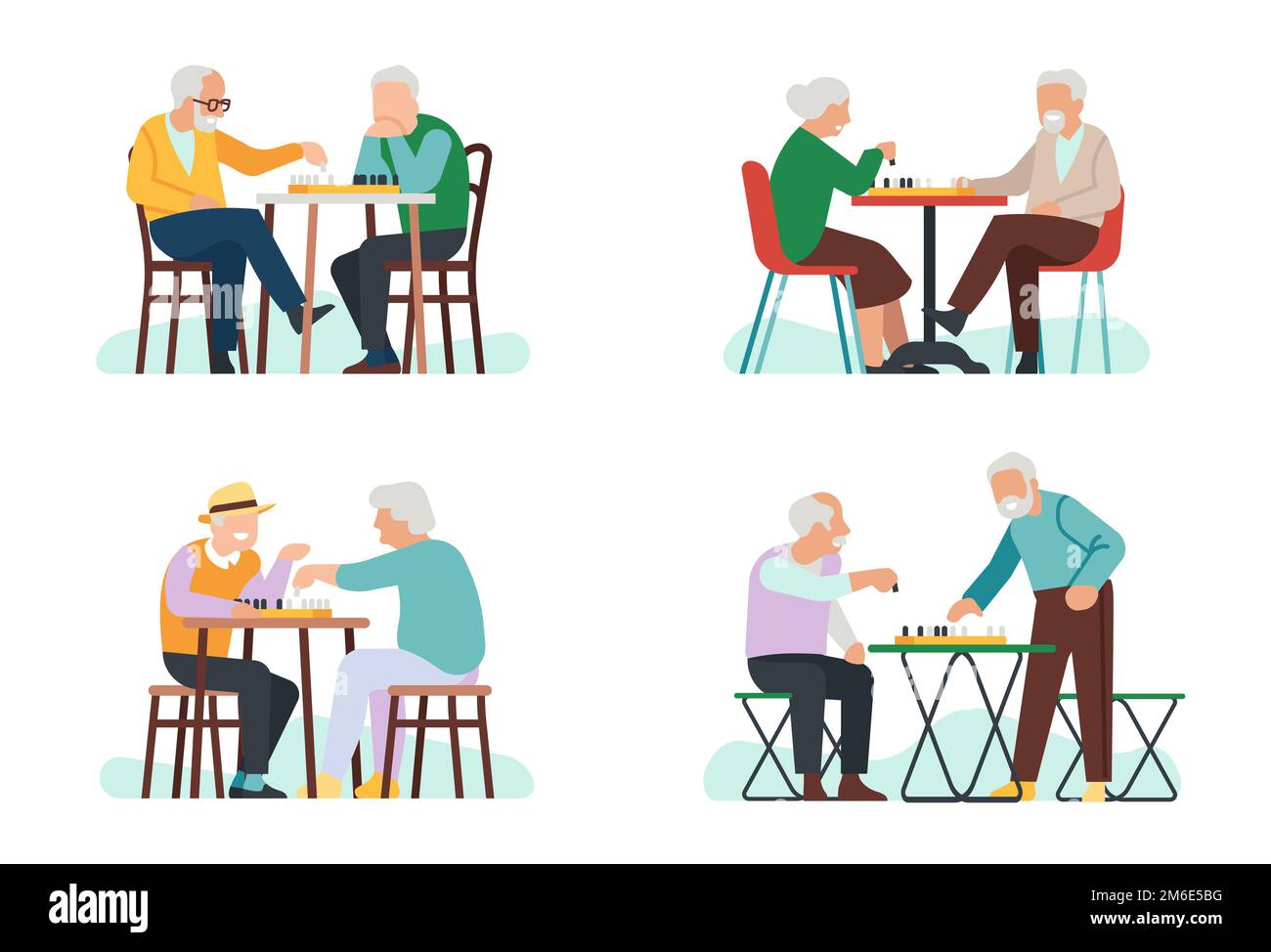 Vecchi uomini e donne che giocano a scacchi. Nonni tempo libero. Persone anziane a scacchiera. Pensionati seduti al tavolo con gioco intellettuale Illustrazione Vettoriale