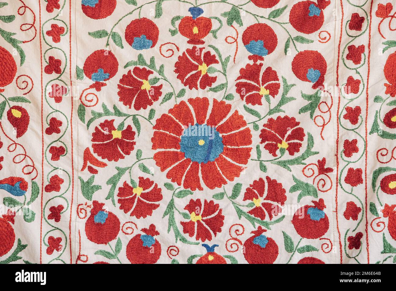 Parte della tessitura del tappeto, ornamento astratto. Ricamo tradizionale floreale su tappeto leggero. Ricamo in satinato floreale fatto a mano. Immagine primo piano Foto Stock