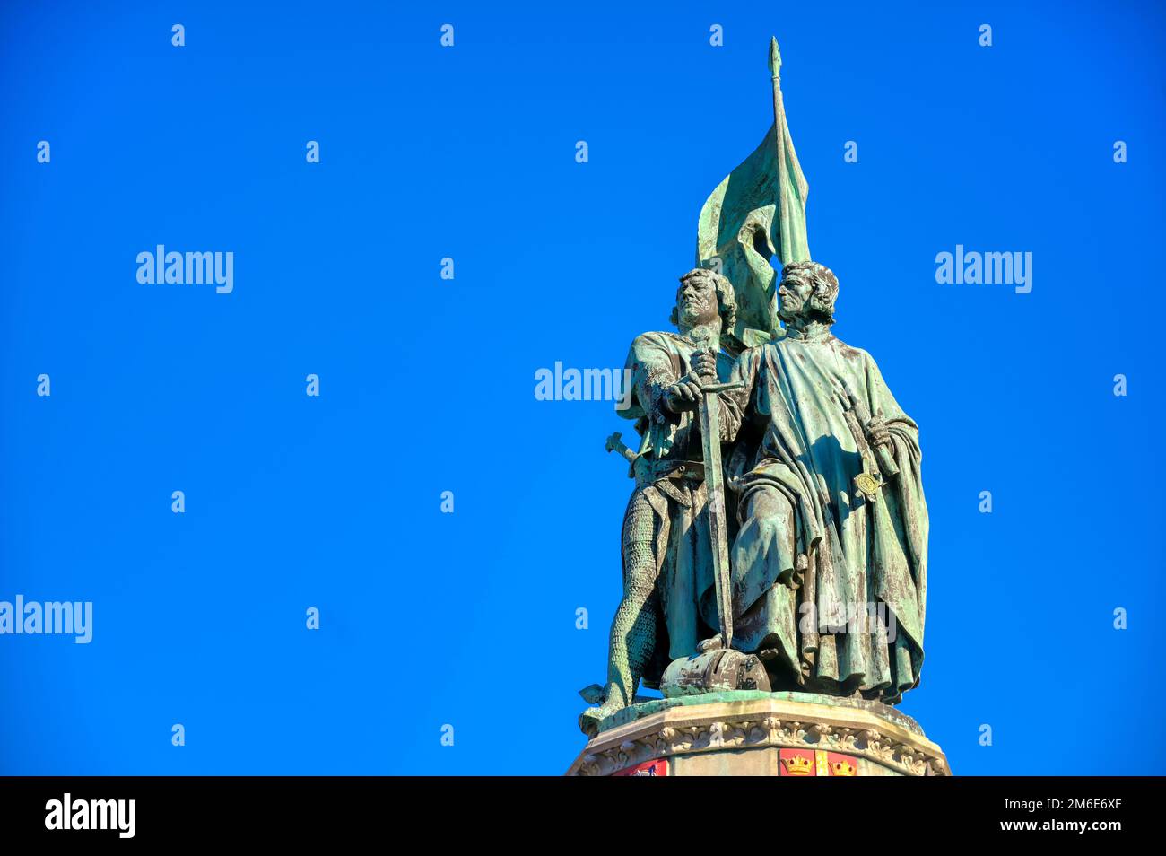 La statua di Jan Breydel e Pieter de Coninck a Bruges, Belgio Foto Stock