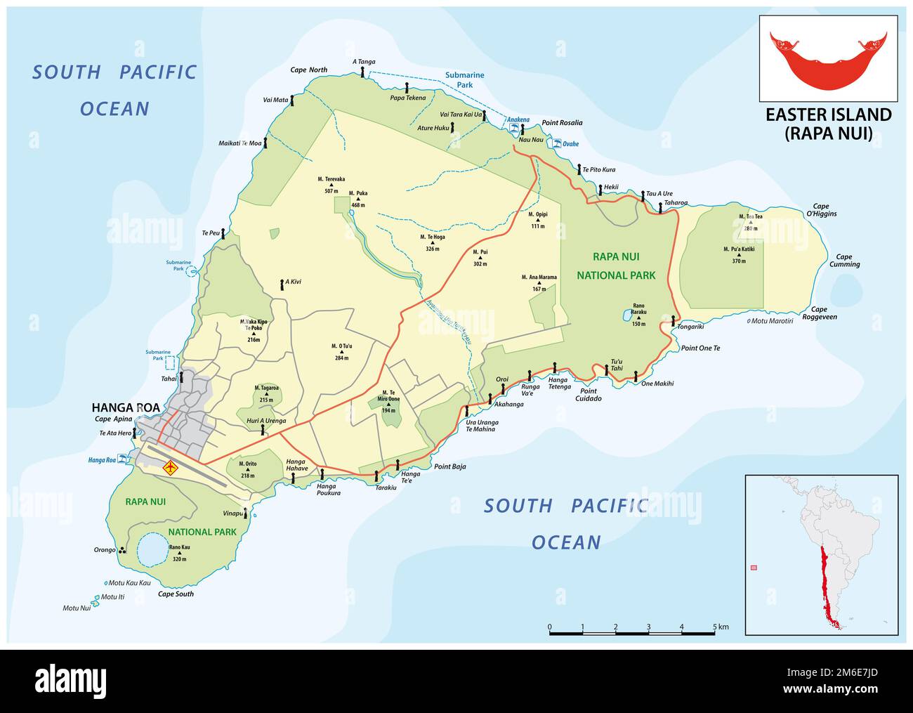 Mappa vettoriale dell'isola cilena di Rapa Nui, Isola di Pasqua Foto Stock