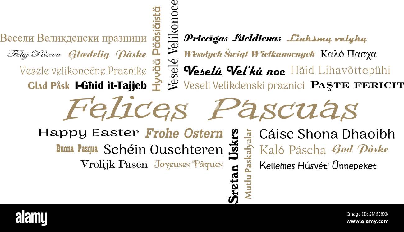 Buona scrittura vettore di Pasqua. Lingue dell'Unione europea in nero e oro. Spagnolo Felices Pascuas e tutti gli altri testi è felice Pasqua in inglese. Illustrazione Vettoriale