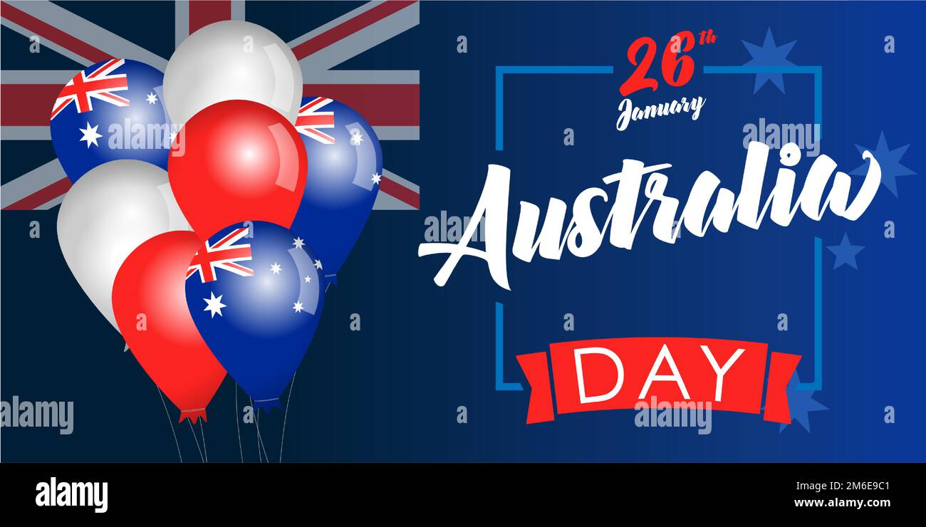 Poster o scheda Happy Australia Day. Scritta a mano, Australian 3D palloncini isolati. Illustrazione Vettoriale