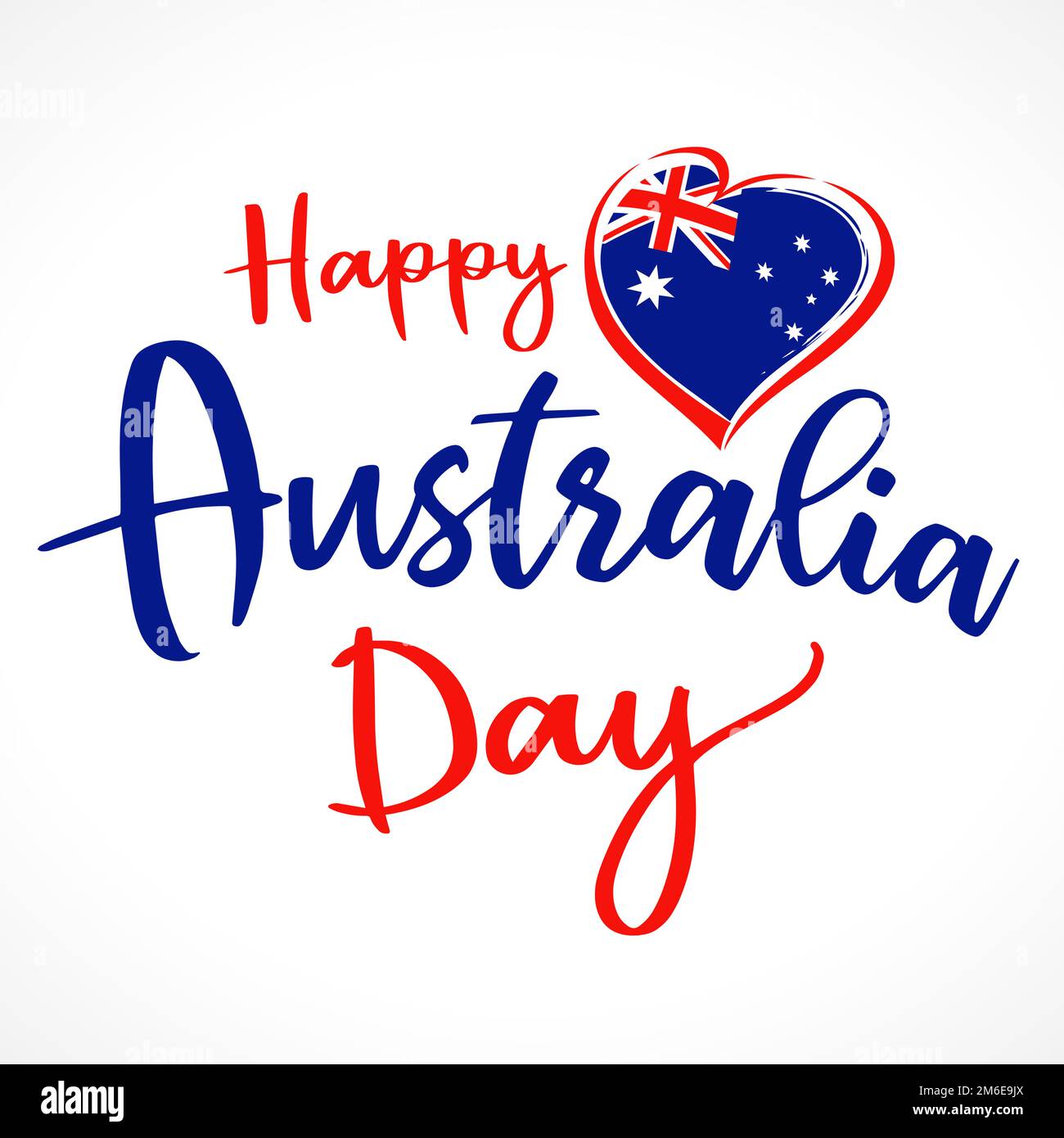 Buon concetto di biglietto di auguri per il giorno dell'Australia. Scritta in stile manoscritto, Heart e bandiera australiana. Elementi isolati. Progettazione di poster. Modello grafico. Illustrazione Vettoriale