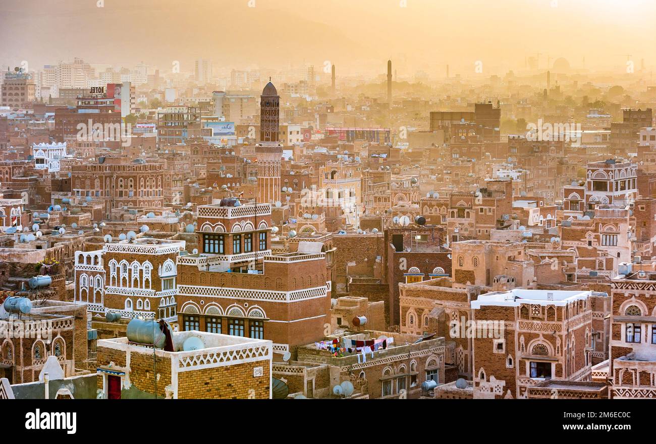 Panorama di Sanaa, capitale dello Yemen Foto Stock