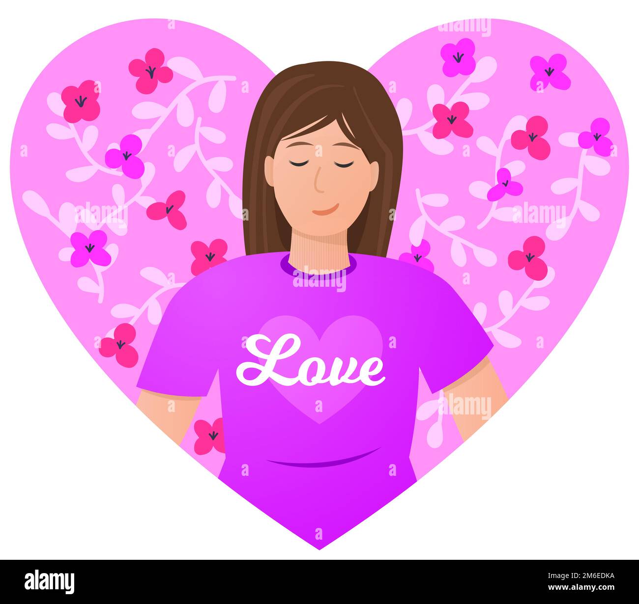 Personaggio donna all'interno di un cuore rosa con fiori. Amore concetto di illustrazione vettoriale. Carta San Valentino. Illustrazione Vettoriale