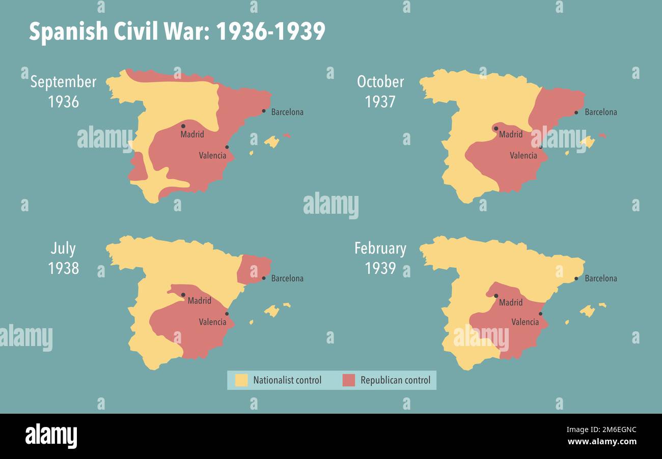 Mappa della guerra civile spagnola e dei territori occupati tra il 1936 e il 1939 Foto Stock