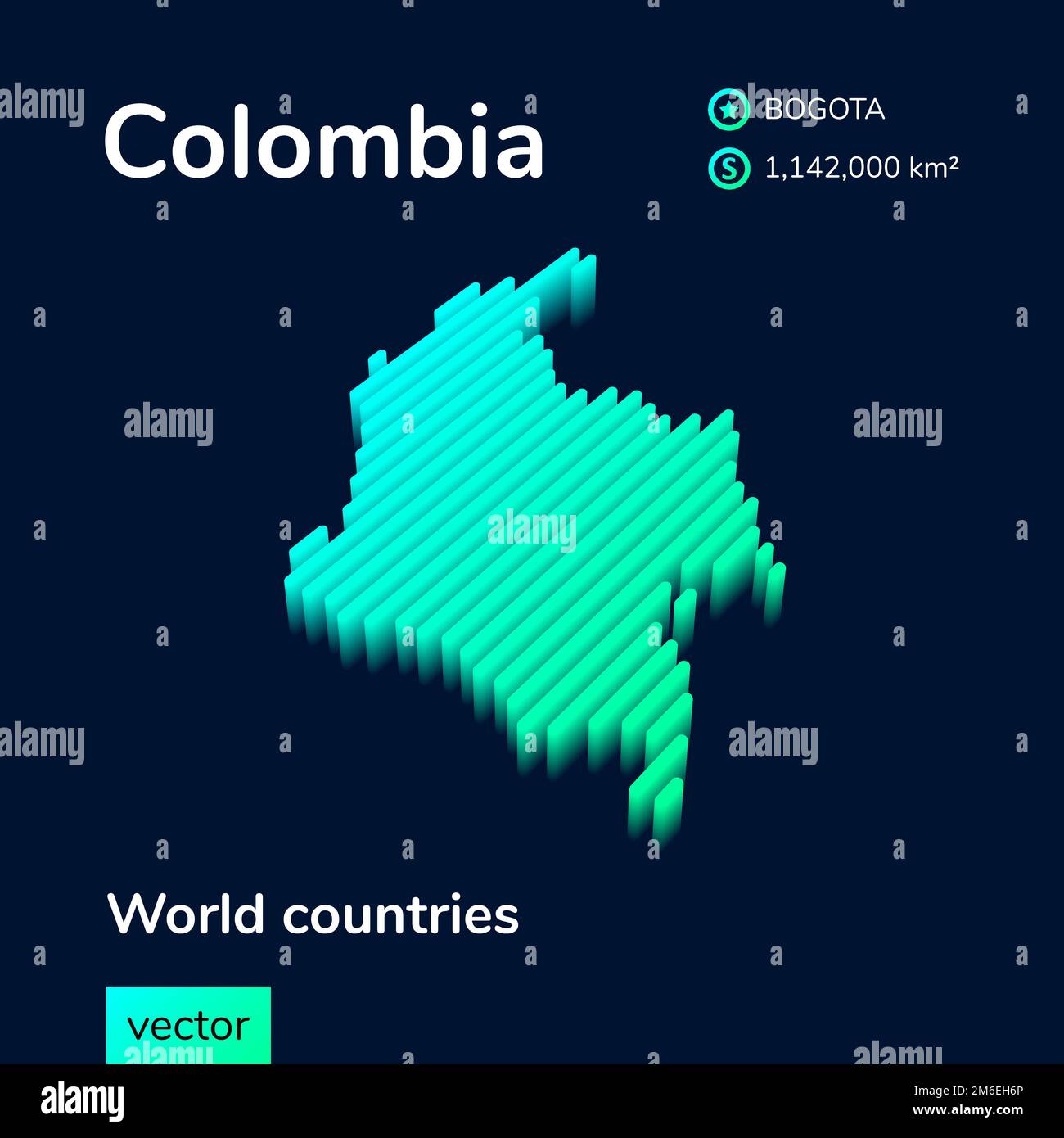 Mappa vettoriale stilizzata 3D della Colombia in colori turchese al neon menta su sfondo blu scuro. Poster dello studio geografico, elemento infografico. Illustrazione Vettoriale