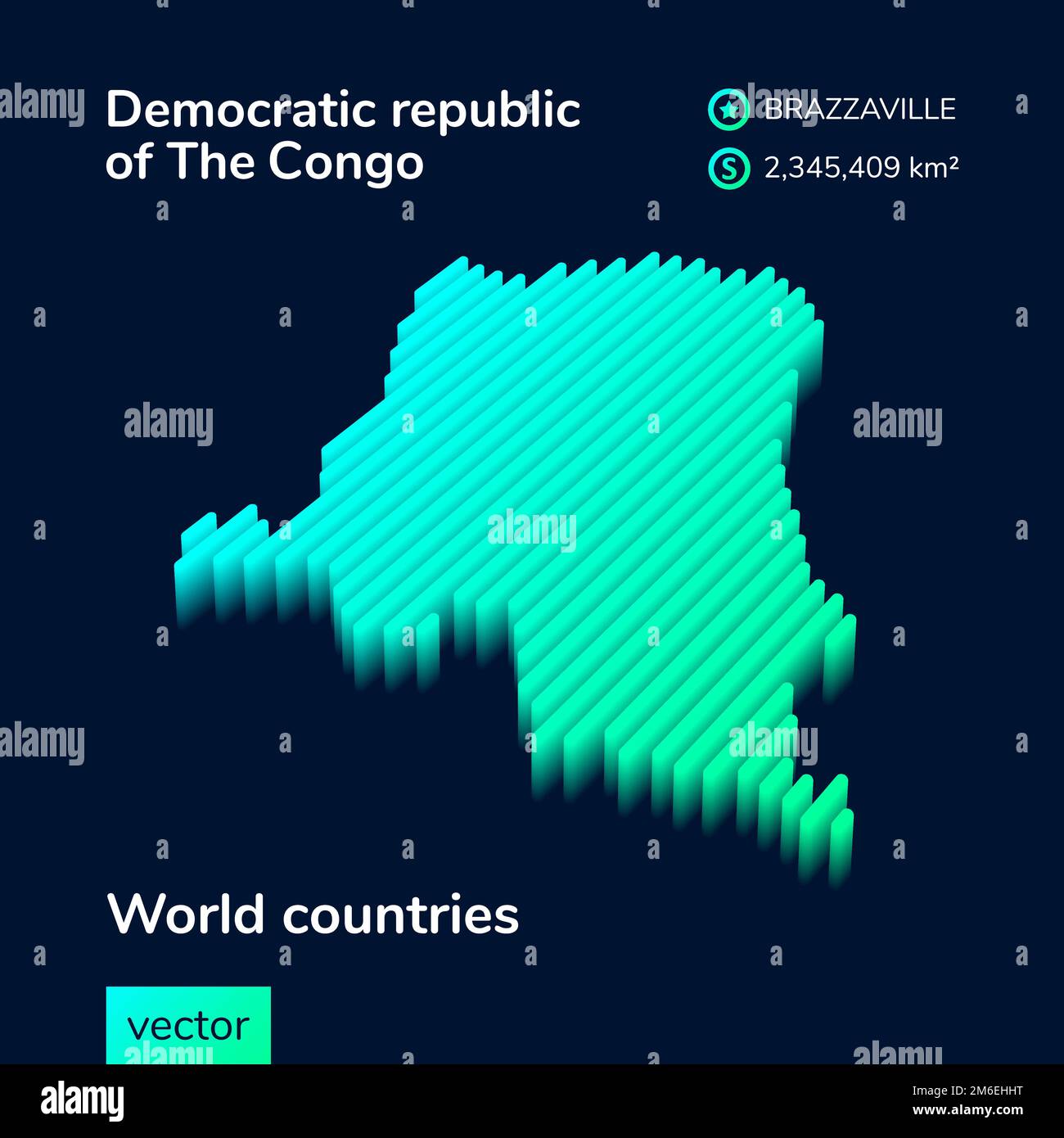 Mappa vettoriale stilizzata a righe della repubblica Democratica del Congo con effetto 3D. La mappa della repubblica Democratica del Congo è di colore verde e menta su sfondo blu scuro Illustrazione Vettoriale