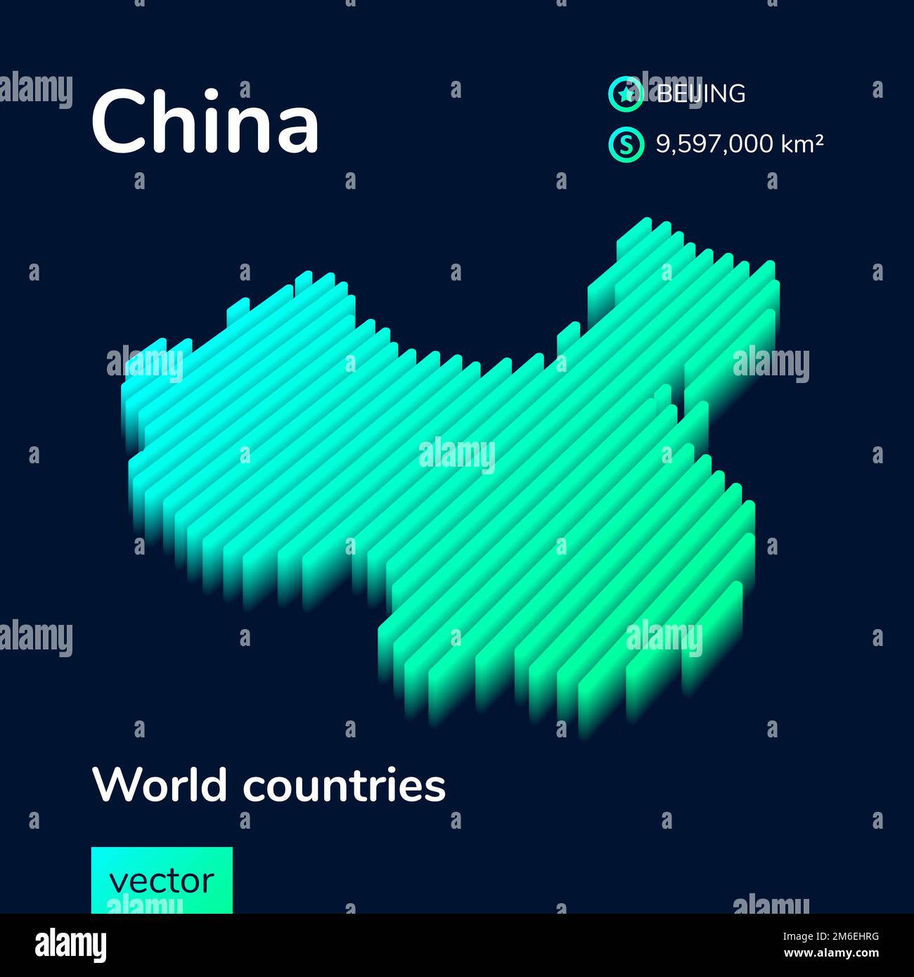 Mappa della Cina neon isometrica vettoriale a strisce stilizzata con effetto 3D. La mappa della Cina è in colori verde e menta sullo sfondo blu scuro Illustrazione Vettoriale