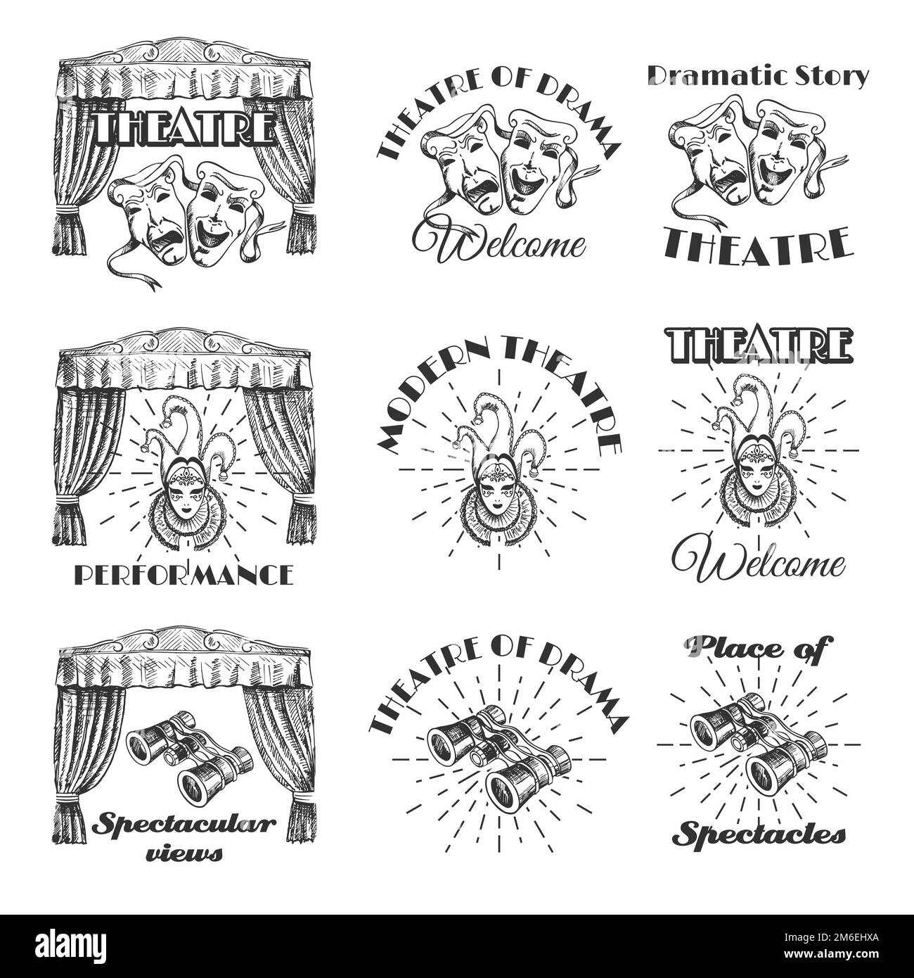 Etichetta teatrale vintage, emblema, set di badge e logo, illustrazione vettoriale Illustrazione Vettoriale