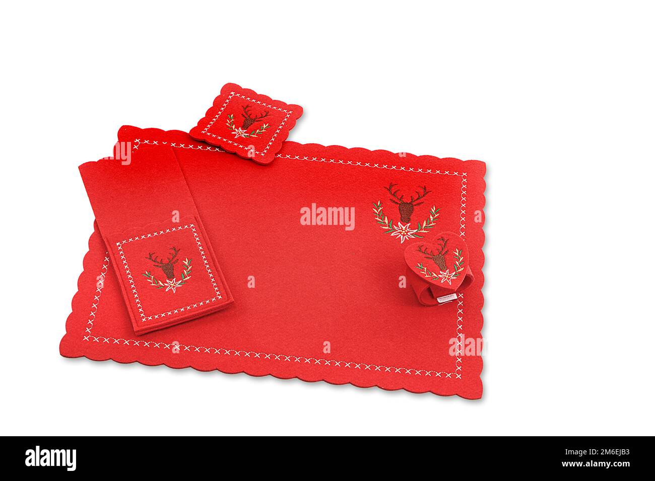 Canovaccio, tovagliolo o posate da cucina su panno isolato o con piatto, posate e bicchieri Foto Stock