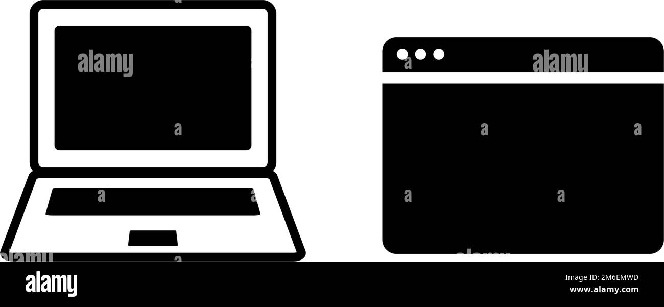 Set di icone della silhouette della finestra del computer portatile e del browser. Vettore modificabile. Illustrazione Vettoriale