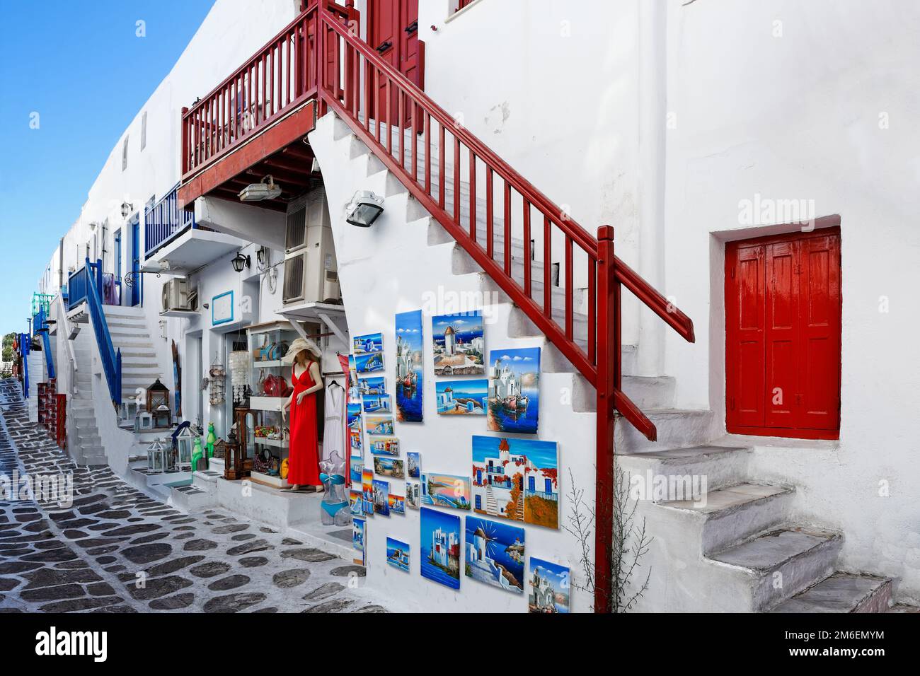 I pittoreschi vicoli all'interno di Chora di Mykonos, Grecia Foto Stock