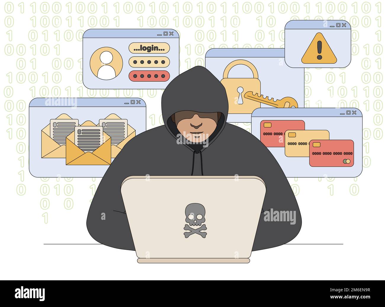 Pirata informatico con il computer portatile che ruba dati personali privati, login utente, password account o documenti in internet. Frode, hacking o phishing concetto piatto di cybercrimine. Furto o attacco in rete. Illustrazione Vettoriale