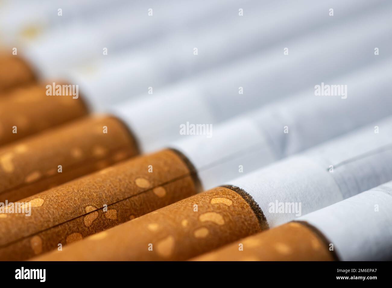 Sigarette con filtro impilato, modello di chiusura macro, concetto di aggiunta di fumo, grande dettaglio orizzontale più sfondo cigarette. Foto Stock