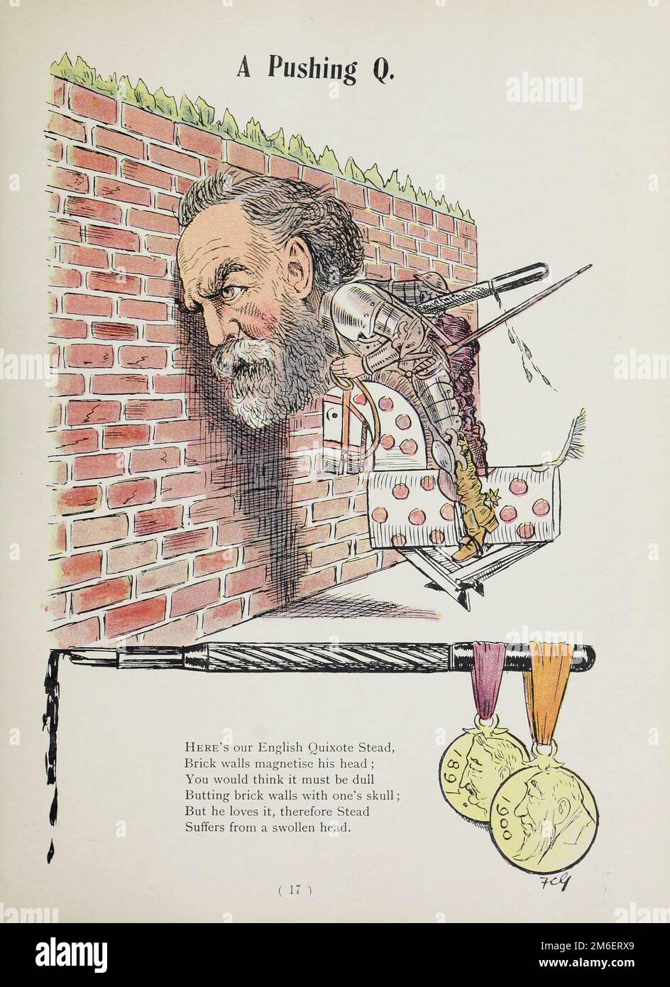Ecco il nostro Quixote stead Brick Walls inglese che magnetizza la sua testa dal libro satirico Struwelpeter alfabeto di Harold Begbie, 1871-1929, illustrato da Francis Carruthers Gould, 1844-1925, pubblicato a Londra : G. Richards nel 1900 Foto Stock