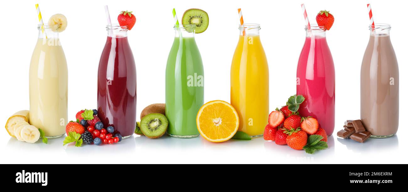 Sammlung von Fruchtsaft GetrÃ¤nk GetrÃ¤nke Milkshake FrÃ¼chte Saft Flaschen freigestellt Freisteller isoliert Foto Stock