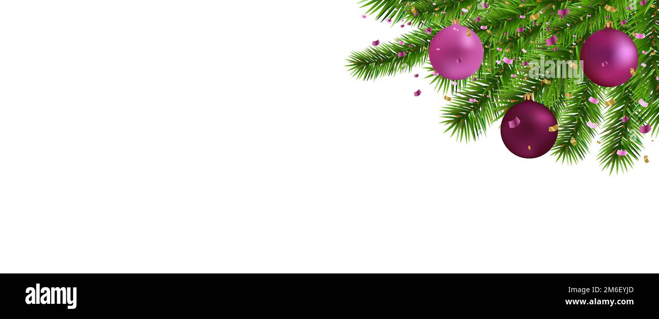 Abete bordo con palla di Natale sfondo bianco Foto Stock