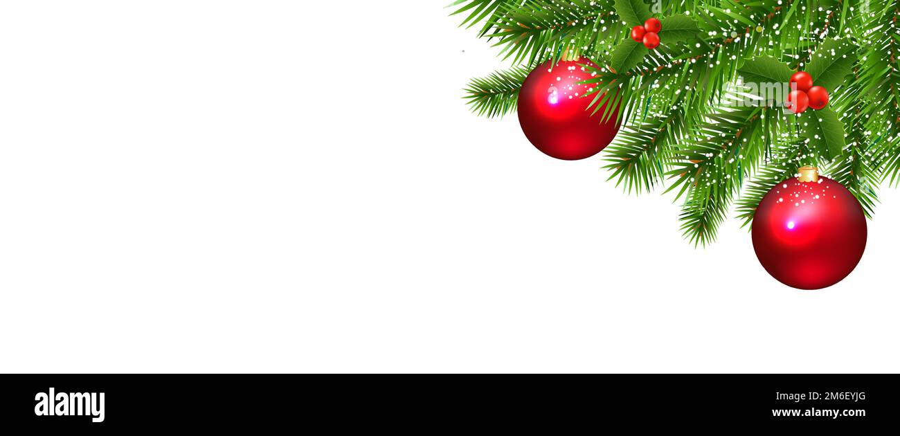 Abete bordo con palle di Natale sfondo bianco Foto Stock