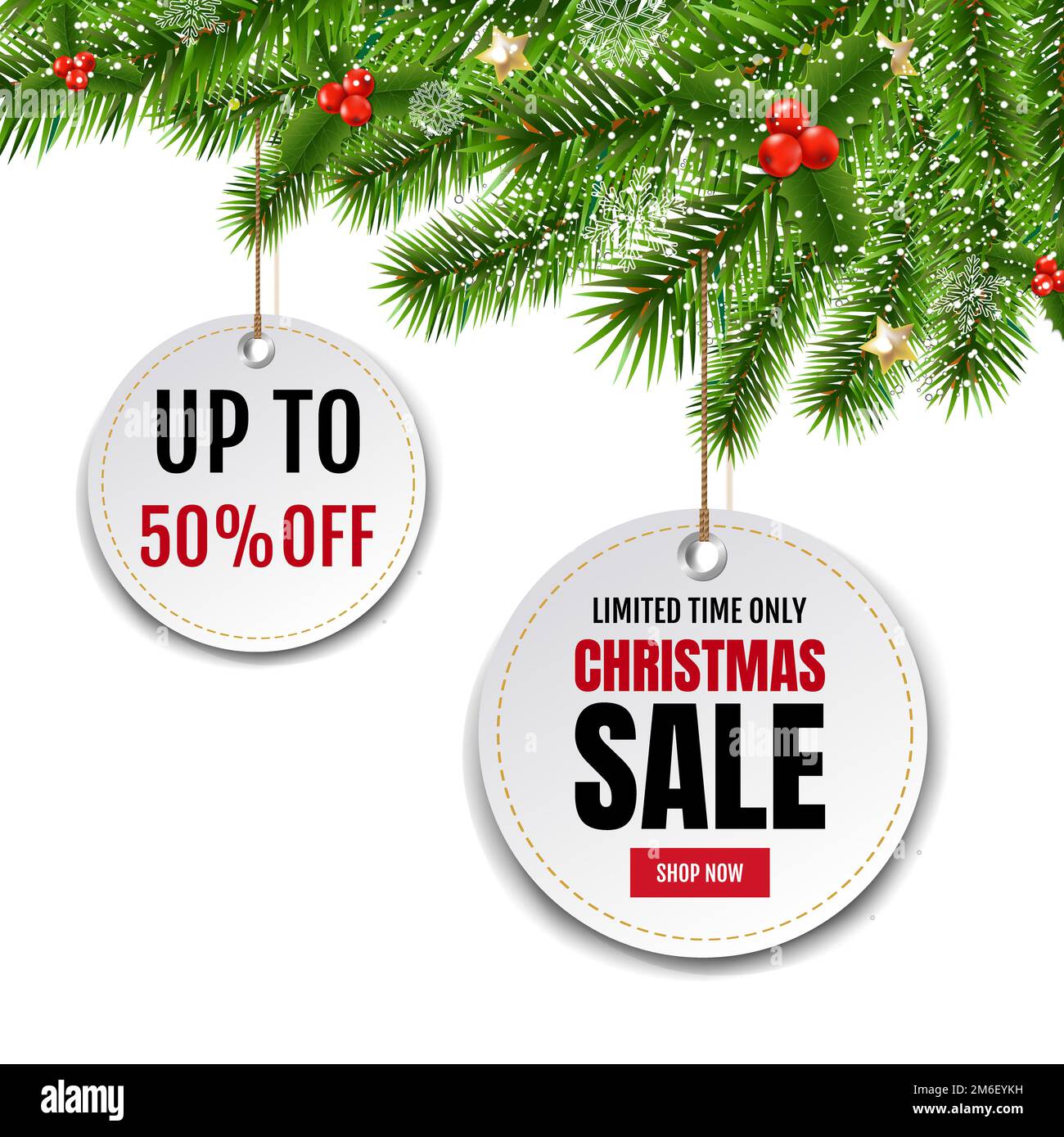 Vendita di Natale etichette con bordo di abete bianco sfondo Foto Stock