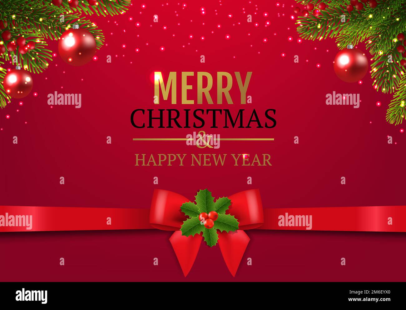 Cartolina di Natale con bordo di Poinsettia con sfondo rosso bacche agrifoglio Foto Stock