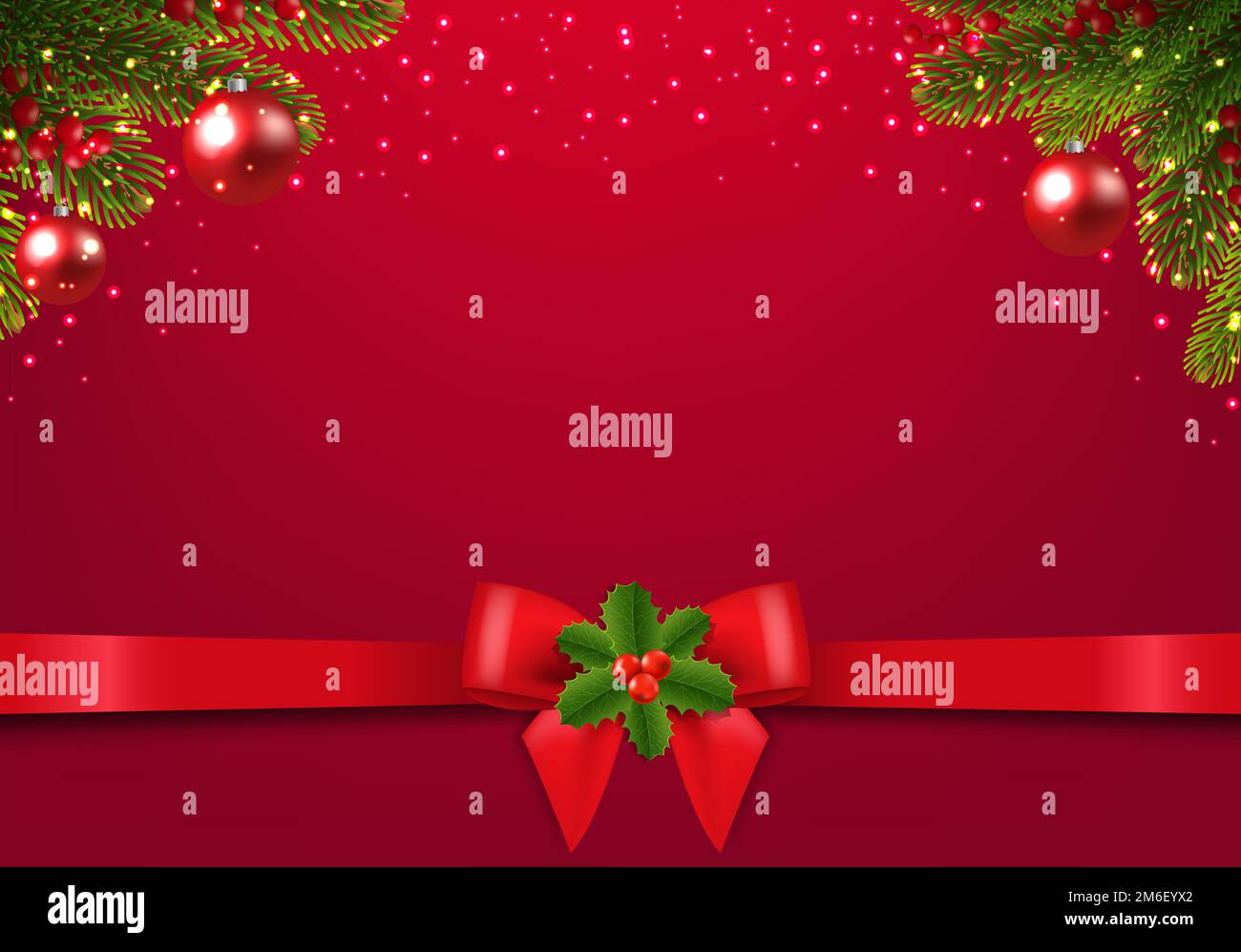 Cartolina di Natale con bordo di Poinsettia con sfondo rosso bacche agrifoglio Foto Stock