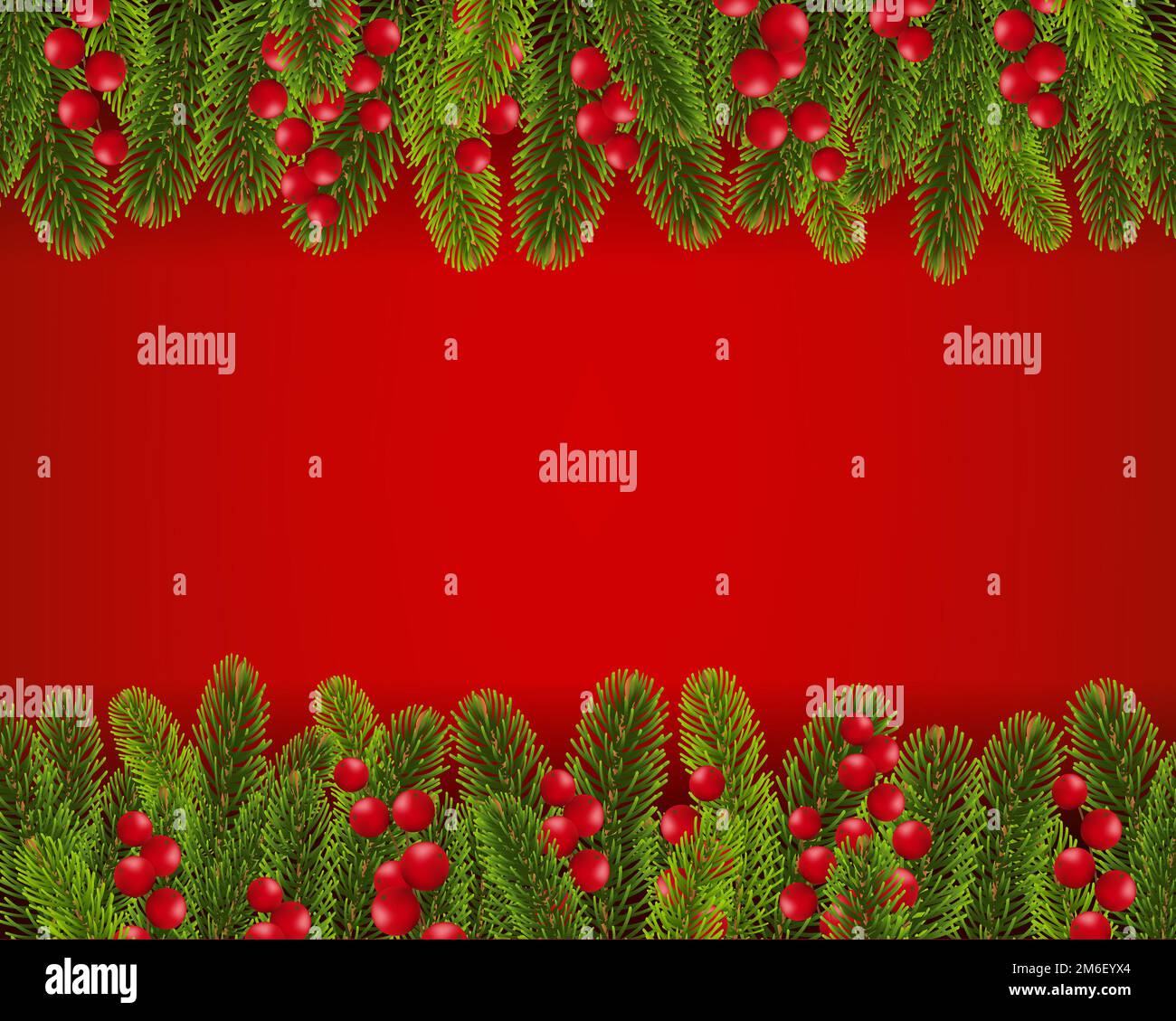 Abete bordo con bacche agrifoglio e sfondo rosso Foto Stock