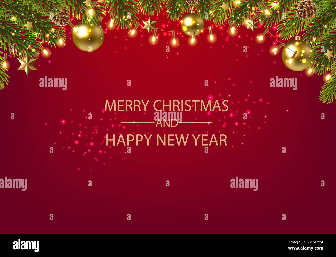 Cartolina di Natale con abete e sfondo rosso Foto Stock