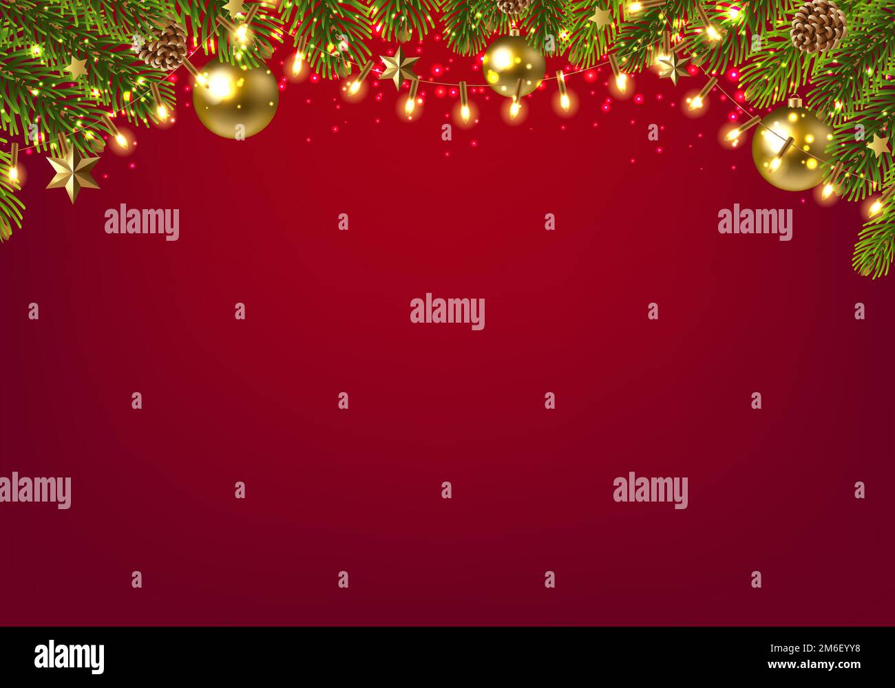 Cartolina di Natale con abete e sfondo rosso Foto Stock