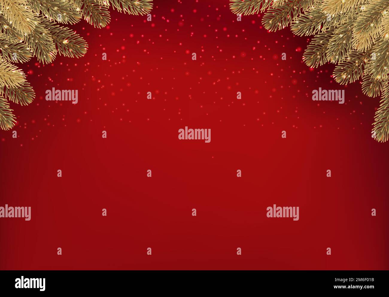 Oro Natale Fir albero rami sfondo rosso Foto Stock