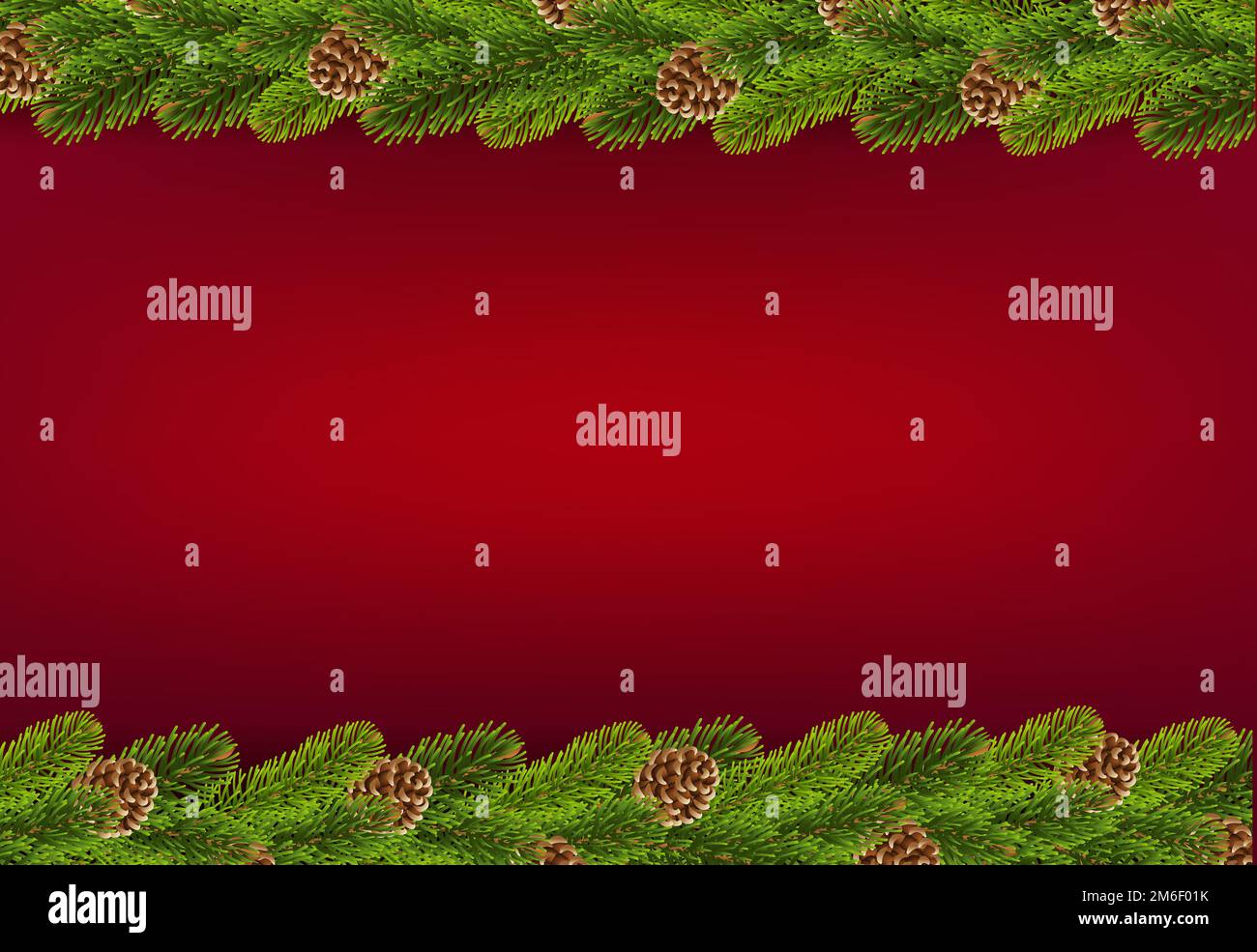 Rami di abete rosso con coni bordati con sfondo rosso Foto Stock