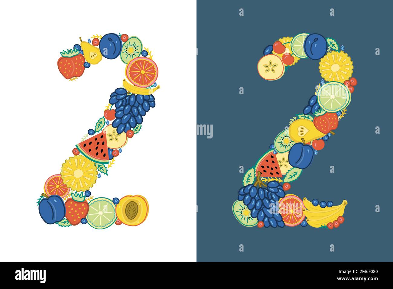 Il numero 2 è composto da frutti e bacche dai colori vivaci. Due diversi, uno su sfondo bianco e uno su sfondo blu scuro. Disegnato a mano in doodle Illustrazione Vettoriale