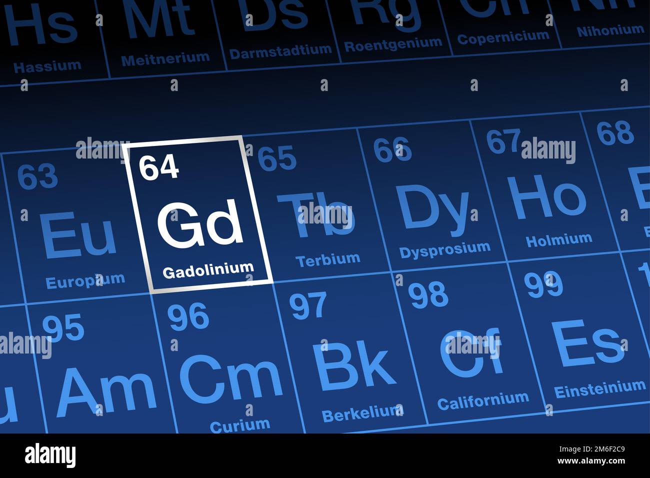 Gadolinio, su tavola periodica. Metallo delle terre rare duttile ferromagnetico nella serie dei lantanidi, con una varietà di usi specializzati. Numero atomico 64. Foto Stock