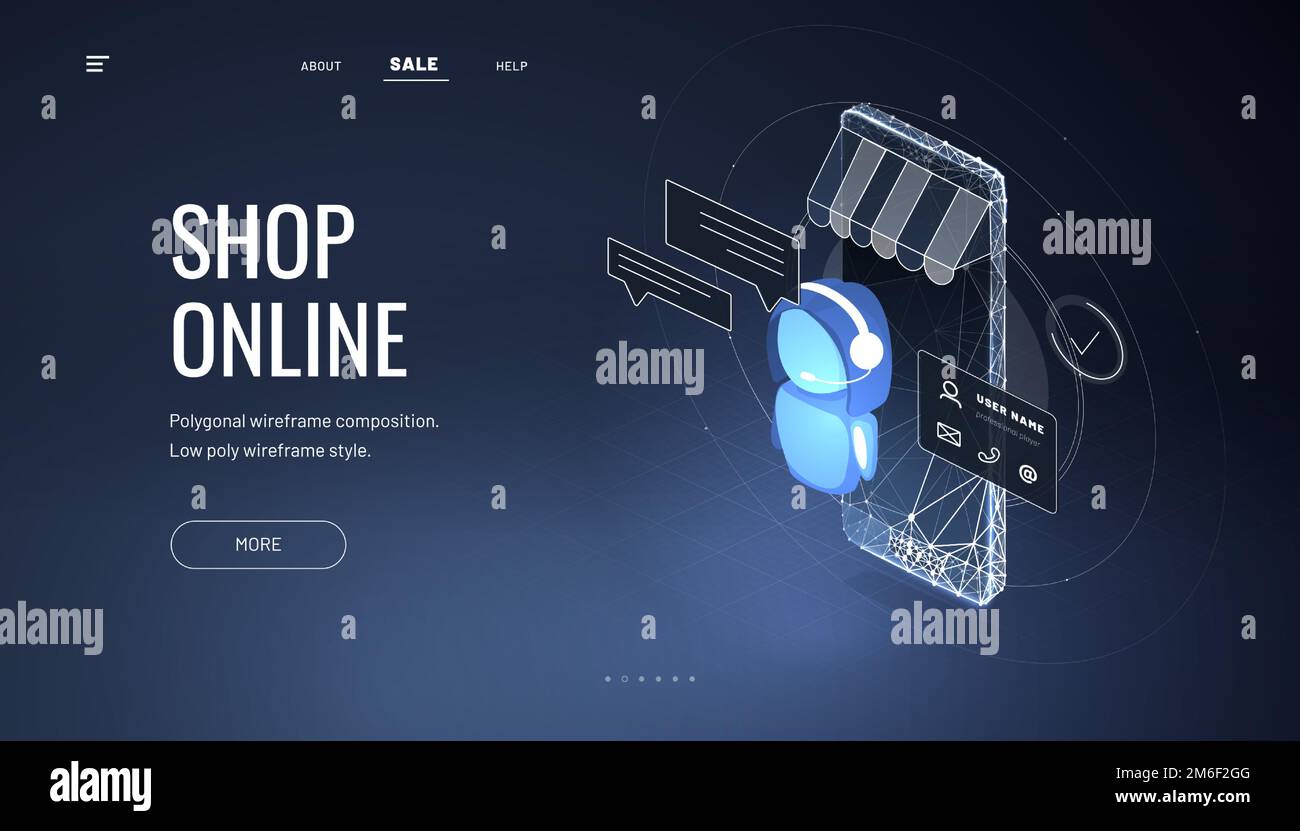 Negozio online del servizio clienti. Smartphone - negozio internet. Smartphone isometrico con bot di tenda e chat. Modelli di progettazione di pagine Web per call center su Illustrazione Vettoriale