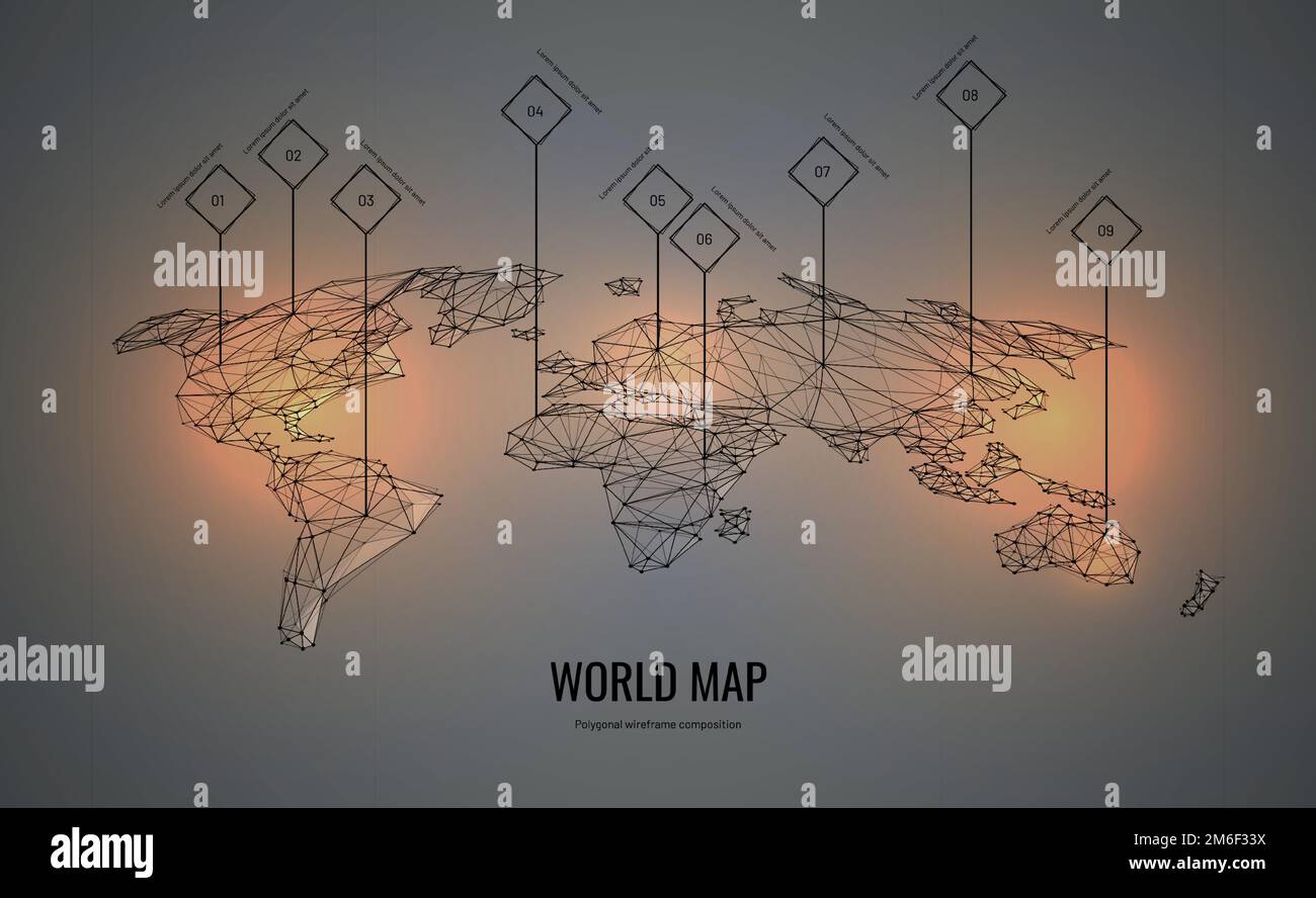 Mappa mondiale isometrica. Composizione poligonale a reticolo. Concetto infografica. La tecnologia nel mondo. Illustrazione Vettoriale