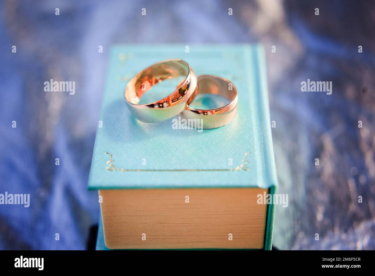 Due anelli di nozze su piccolo libro. Foto Stock