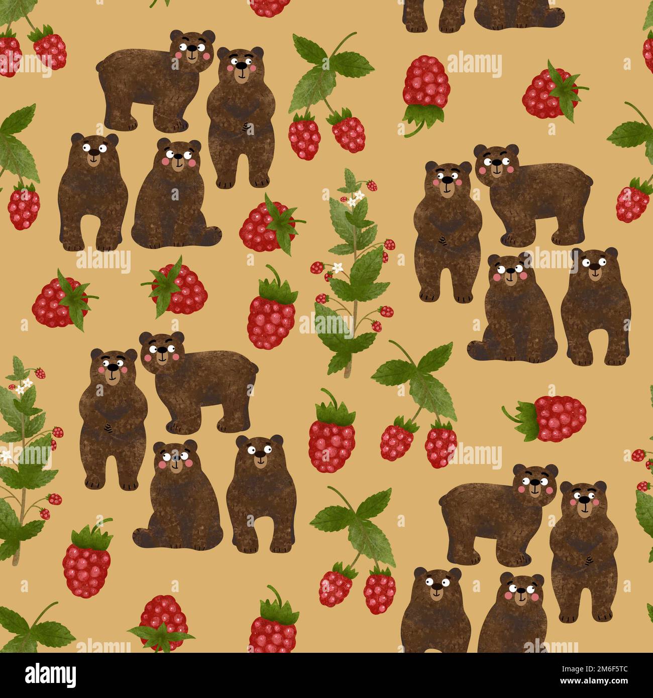 Motivo senza cuciture con graziosi orsi e lamponi testurizzati. Illustrazione isolata di un insieme di animali selvatici e bush rosso bacca in cartone animato bambino Foto Stock