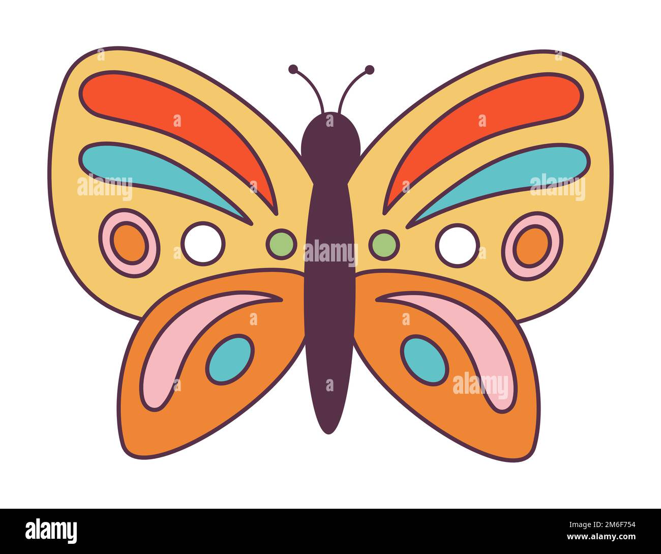 Retro 70s Groovy Hippie adesivo farfalla. Elemento cartoon psichedelico - illustrazione funky in stile hippy vintage. Illustrazione piatta vettoriale per striscioni Illustrazione Vettoriale