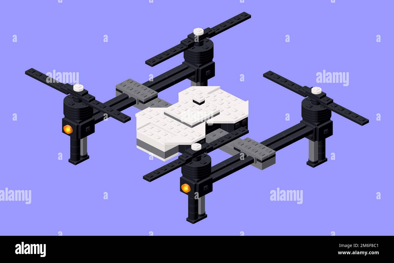 Drone, un giocattolo assemblato da blocchi di plastica e mattoni isometrici. Vettore Illustrazione Vettoriale