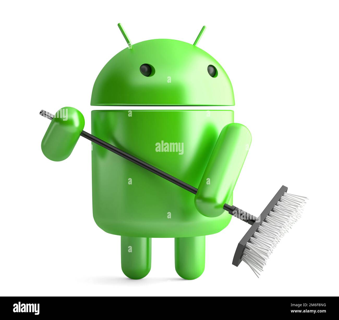 Robot Android con mop. Illustrazione 3D. Isolato Foto Stock
