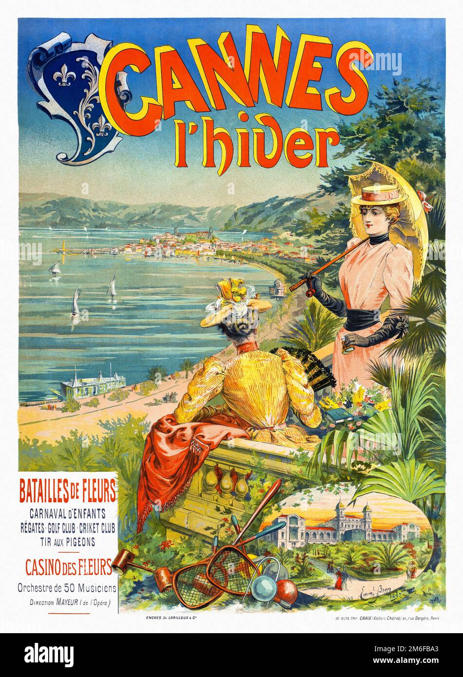 Cannes l'hiver. Batailles de fleurs. Casino des Fleurs di Emmanuel Brun (date sconosciute). Poster pubblicato nel 1892 in Francia. Foto Stock