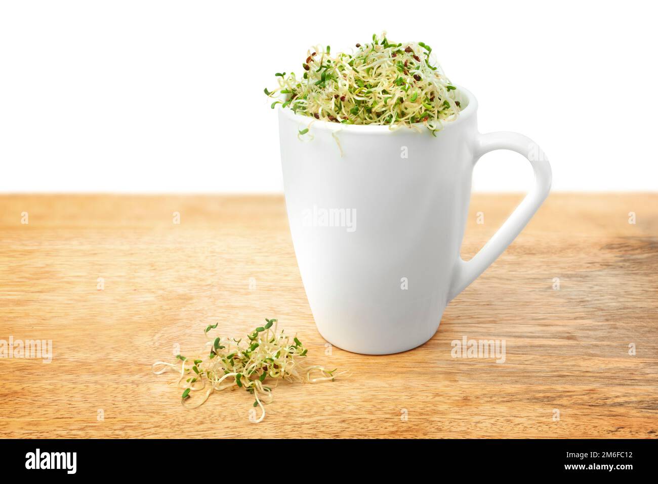 Germogli di erba medica giovani biologici in una tazza su un tavolo di legno Foto Stock