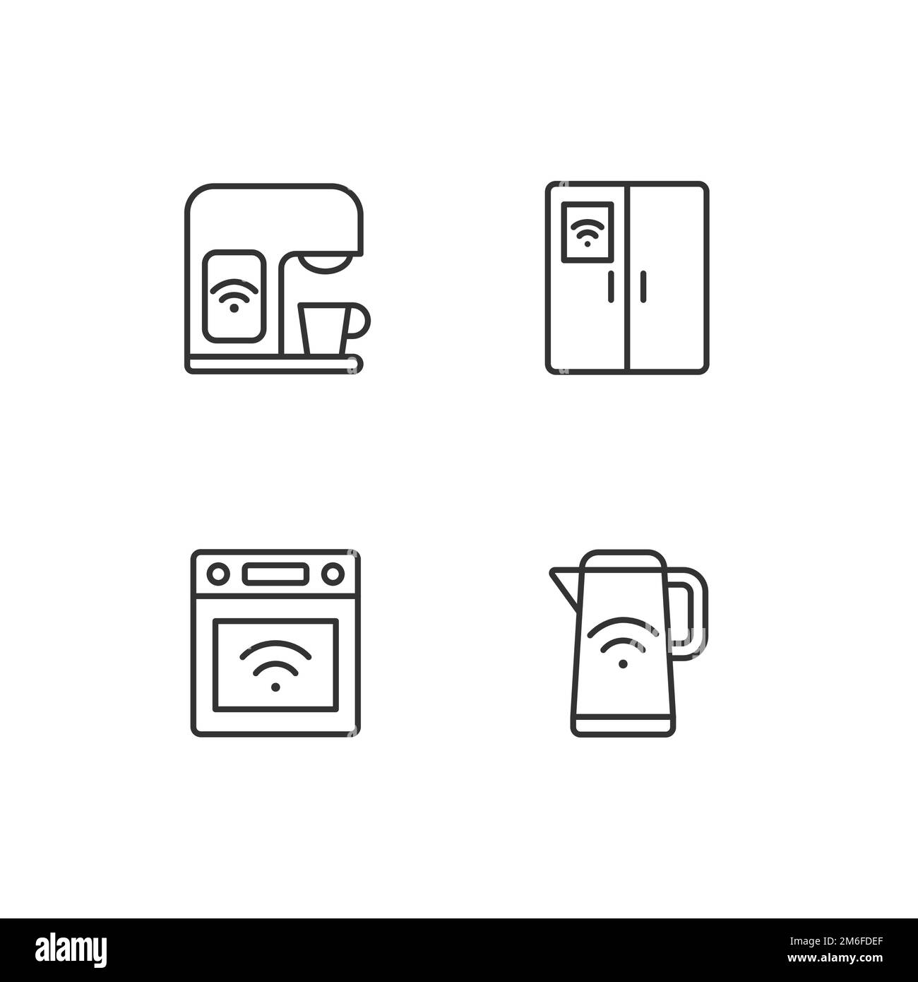 Set di icone lineari pixel Perfect per elettrodomestici da cucina intelligenti Illustrazione Vettoriale