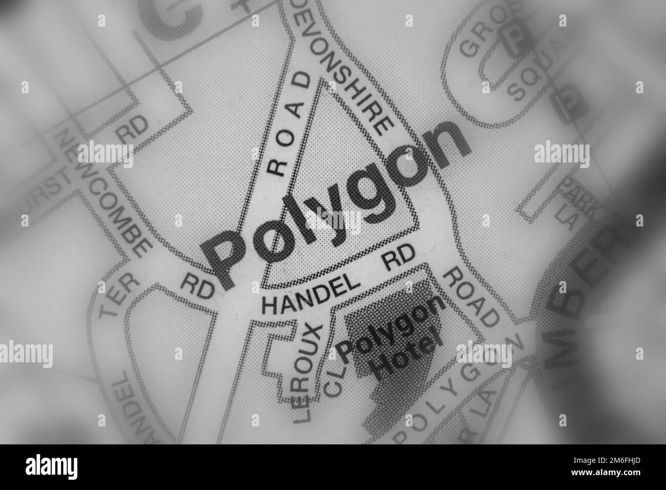 Poligono Distretto della città portuale di Southampton, Hampshire, Regno Unito atlas mappa nome della città - bianco e nero tilt-shift Foto Stock