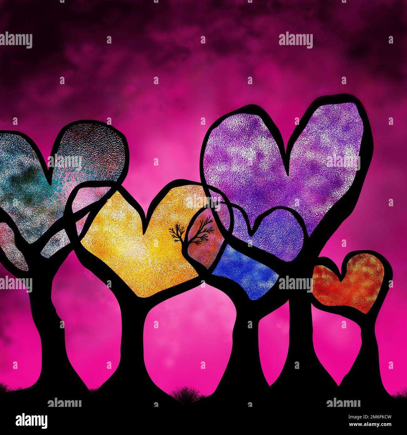 Illustrazione del tema del giorno di San Valentino con gli alberi di vetro smerigliati dell'amore Foto Stock