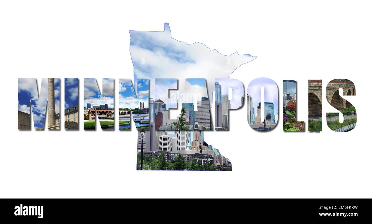 Minneapolis collage di immagini da tutta la città su uno skyline a forma di Minnesota Foto Stock
