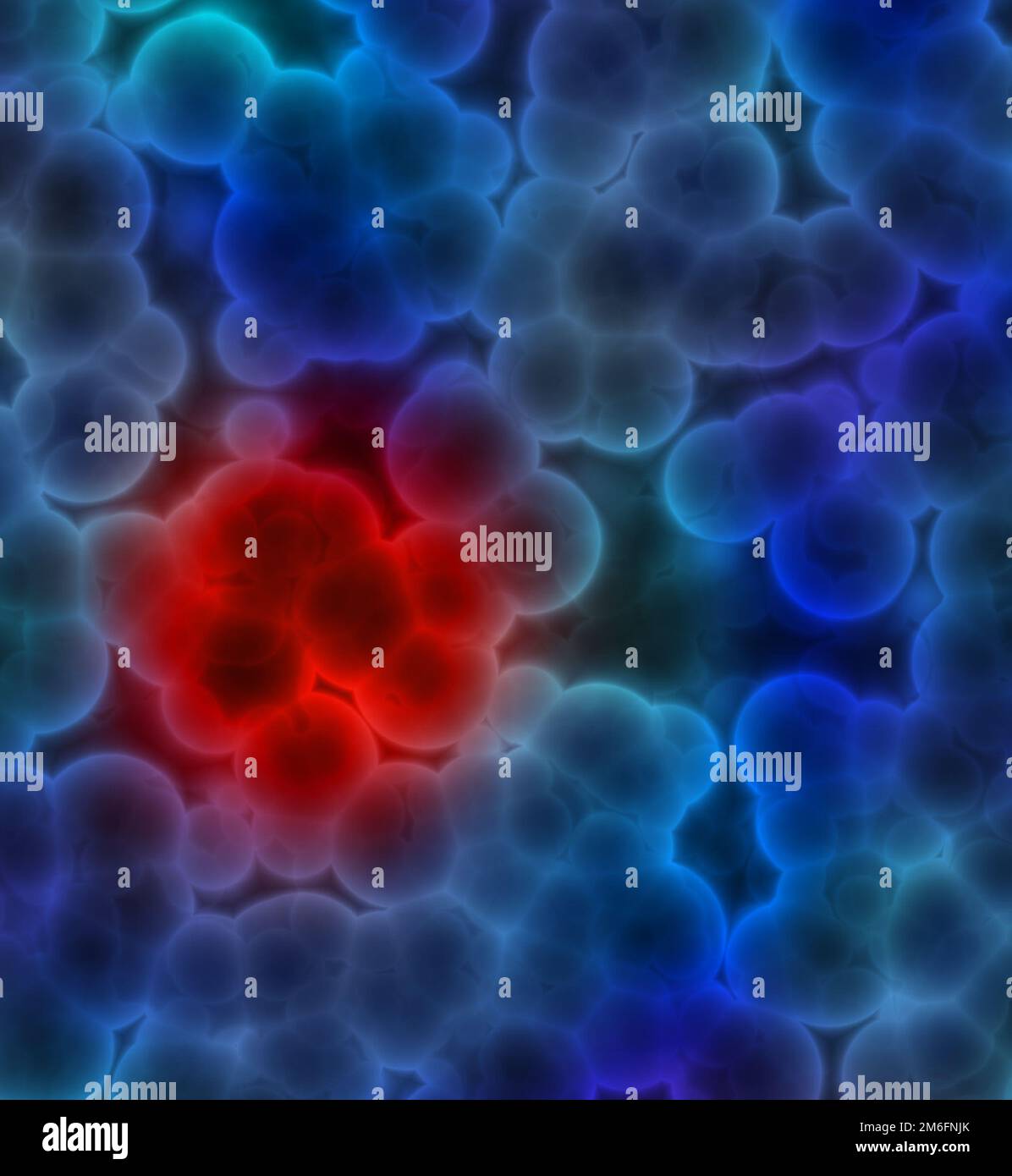 Illustrazione di cellule blu con cluster rosso che indicano un tumore o un'infezione da cancro Foto Stock
