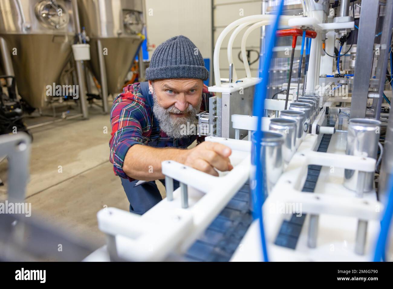 Un esperto addetto alla produzione che monitora il processo di inscatolamento della birra Foto Stock