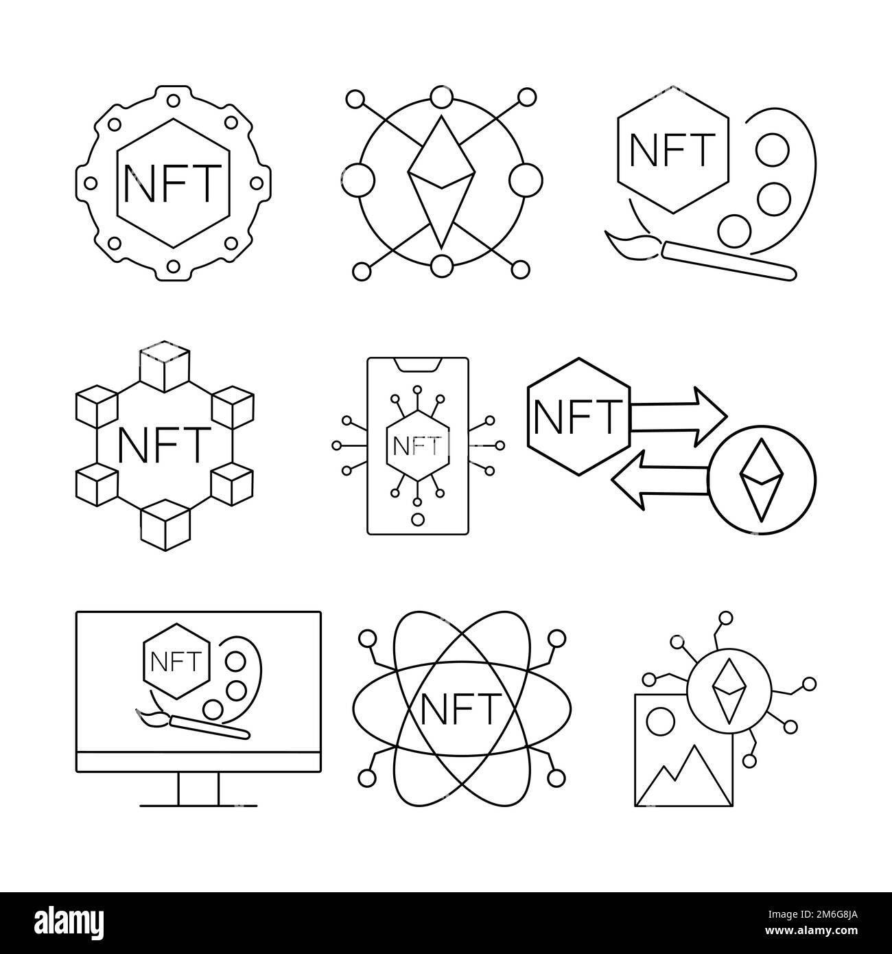 Set di icone della linea della tecnologia NFT. Immagine vettoriale dell'icona Crypto o del simbolo del logo. EPS 10 Illustrazione Vettoriale
